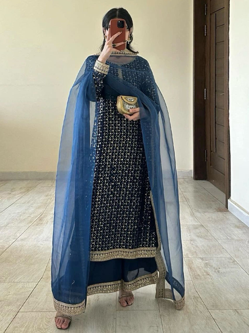 Authentic Traditional Ethnic Festive Navy Blue Georgette Straight Suit