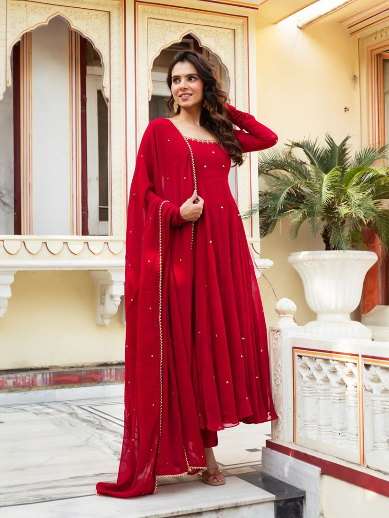 Authentic Elegant Ethnic Festive Traditional Red Georgette Anarkali Suit