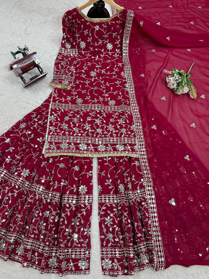 Authentic Festive Elegant Maroon Georgette Sharara Suit