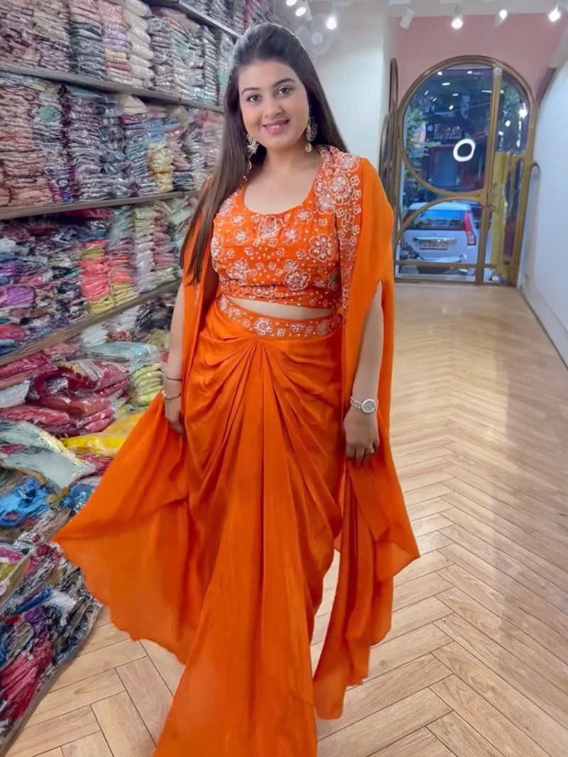 Designer Elegant Orange Satin Silk Shrug With Drapped Dhoti Style