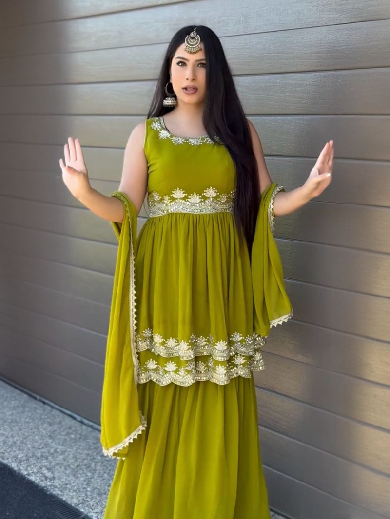 Designer Elegant Ethnic Light Olive Green Georgette Plazo Suit