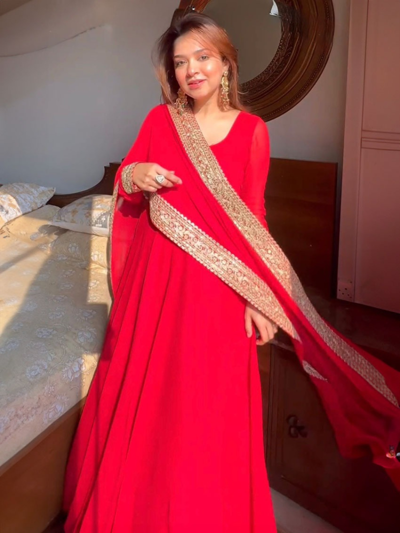 Traditional Festive Ethnic Elegant Red Georgette Anarkali Suit