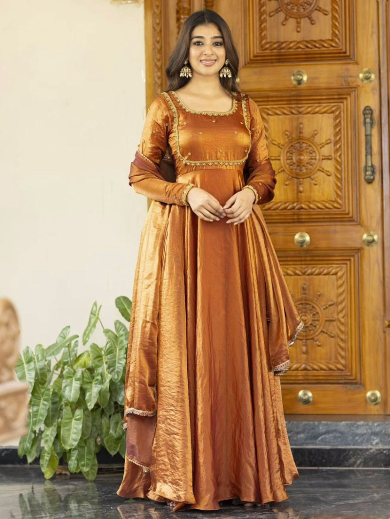 Authentic Traditional Ethnic Festive Rust Fendi Silk Anarkali Suit