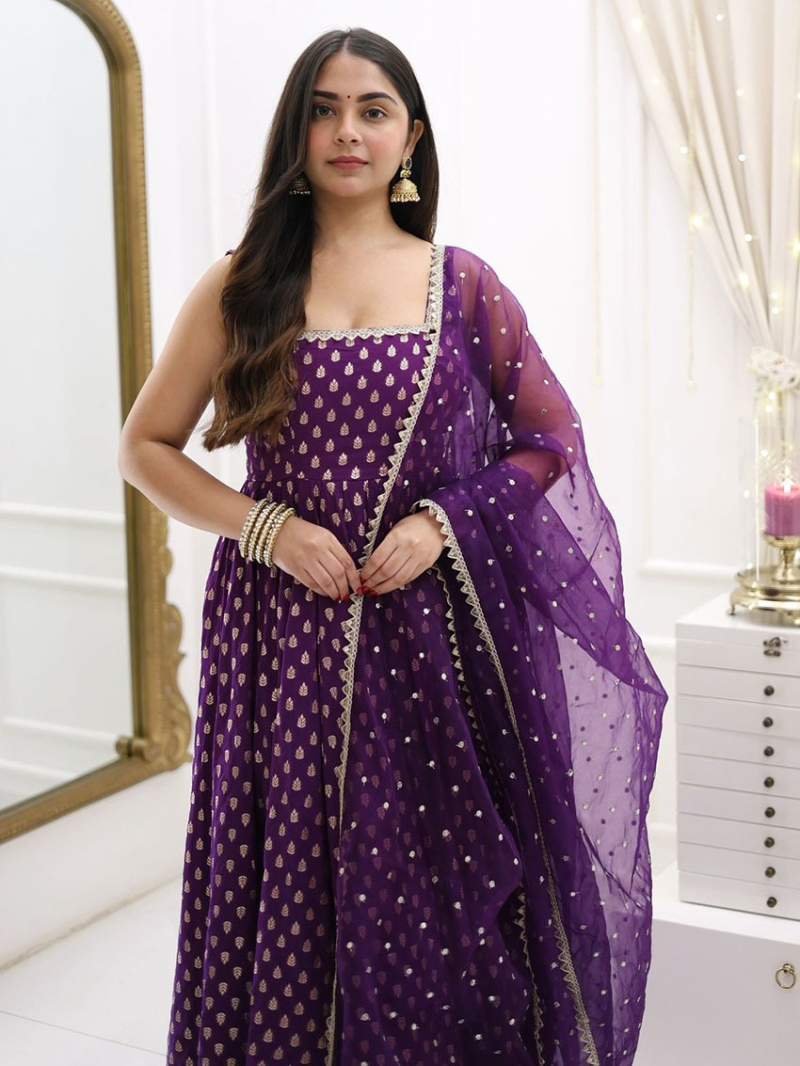 Authentic  Design Ethnic Traditional Purple Jacquard Silk Anarkali Suit