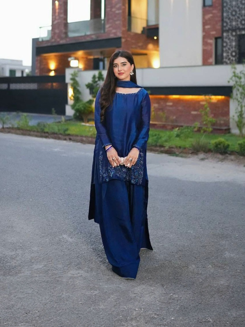 Elegant Designer Ethnic Festive Navy Blue Natural Crepe Silk Farshi Suit