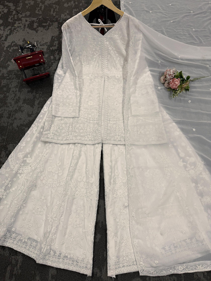Elegant Designer Traditional Festive Off White Georgette Plazo Suit