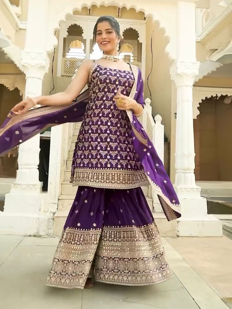 Designer Ethnic Elegant Festive Traditional Purple Georgette Sharara Suit