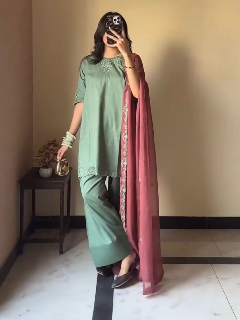 Ethnic Festive Elegant Dusty Teal Green Natural Crepe Farshi Suit
