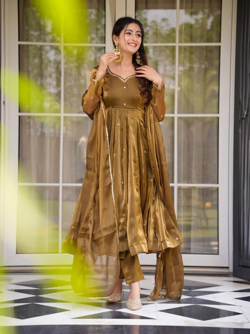Authentic Elegant Ethnic Festive Golden Brown Jimmy Choo Anarakali Suit