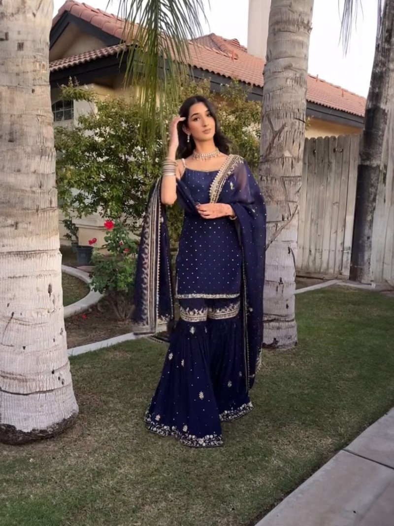 Designer Ethnic Elegant Traditional Navy Blue Georgette Sharara Suit