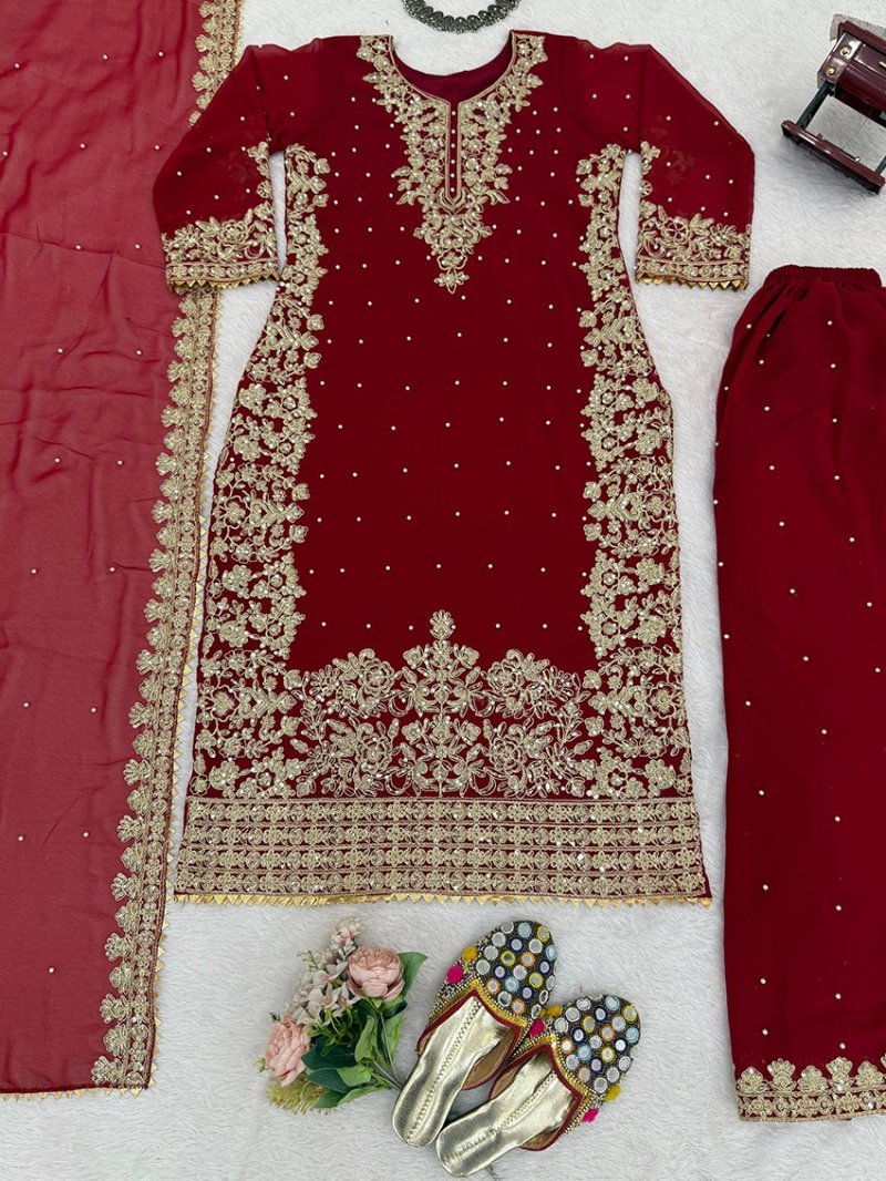 Traditional Festive Ethnic Maroon Georgette Plazo Suit