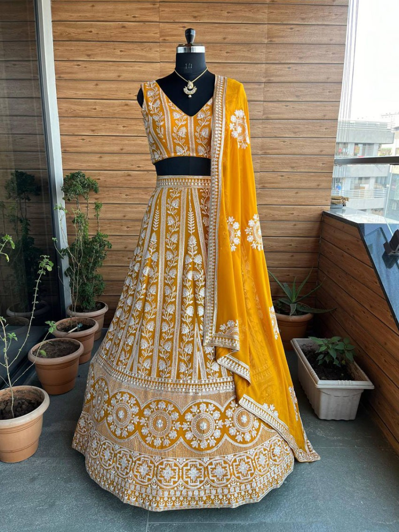 Traditional Ethnic Festive Metallic Gold Faux Georgette Lehanga Suit 