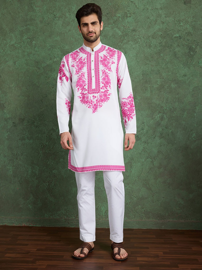 Designer Ethnic White & Pink Viscose Rayon Kurta Pajama Set