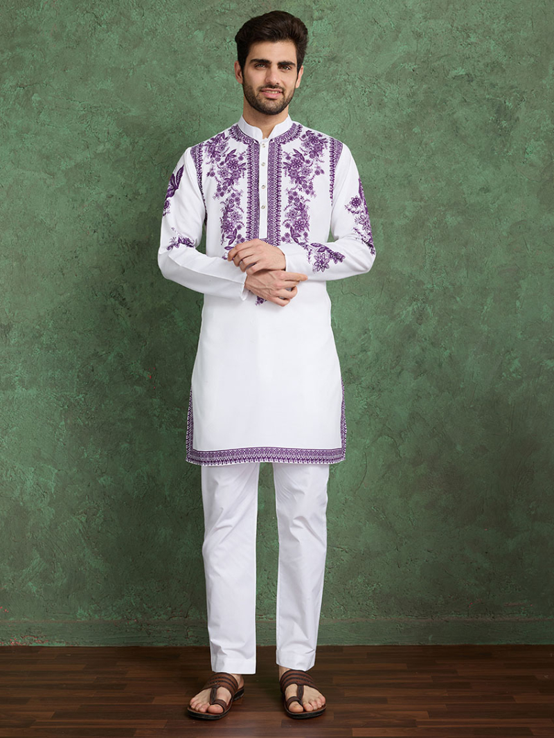 Designer Ethnic Festive White & Purple Viscose Rayon Kurta Pajama Set