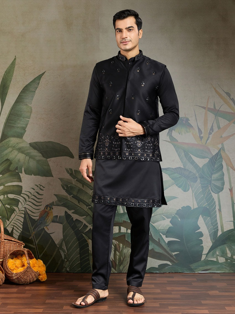 Elegant Ethnic Festive Black Silk Kurta Pajama with Koti Set