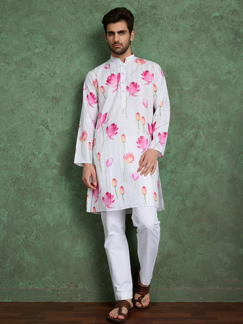 Designer Ethnic White  & Pink Floral Print Rayon Kurta Pajama Set