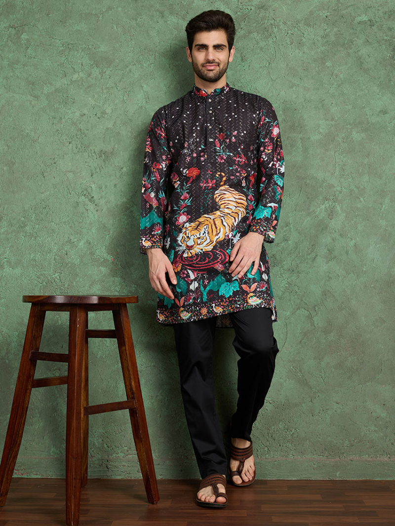 Designer Elegant Black Tiger Print Rayon Kurta Pajama Set