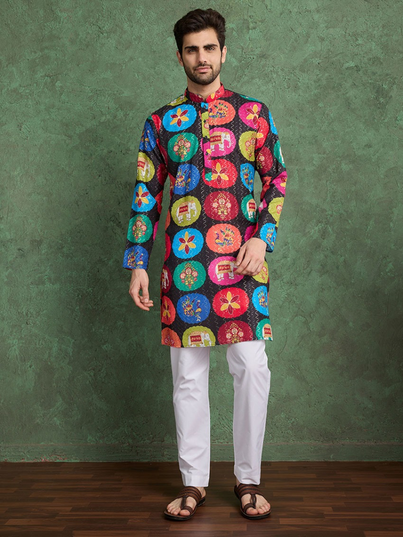 Designer Elegant Ethnic Black with Multicoloured Rayon Kurta Pajama