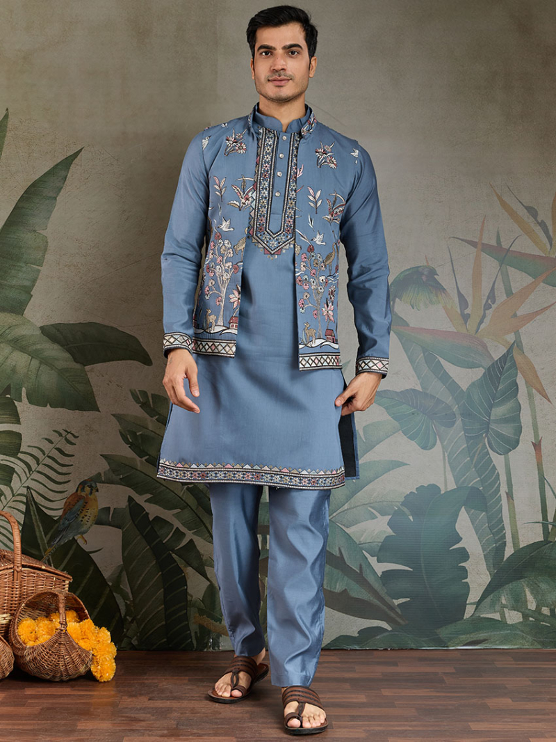 Designer Elegant Ethnic Viscose Silk Kurta Pajama with Koti Set