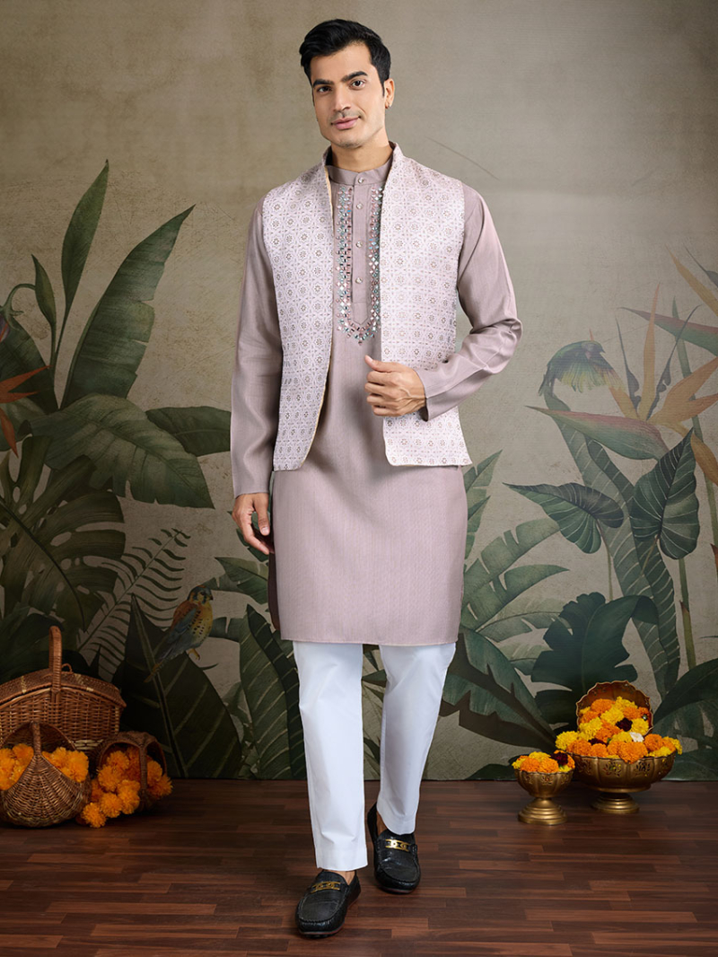 Designer Ethnic Festive Soft Mauve Viscose Silk Kurta Pajama  with Koti Set
