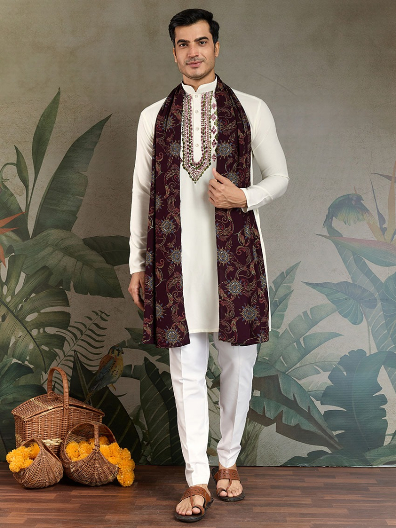 Ethnic Festive White Viscose Rayon Kurta Pajama with Duppata Set