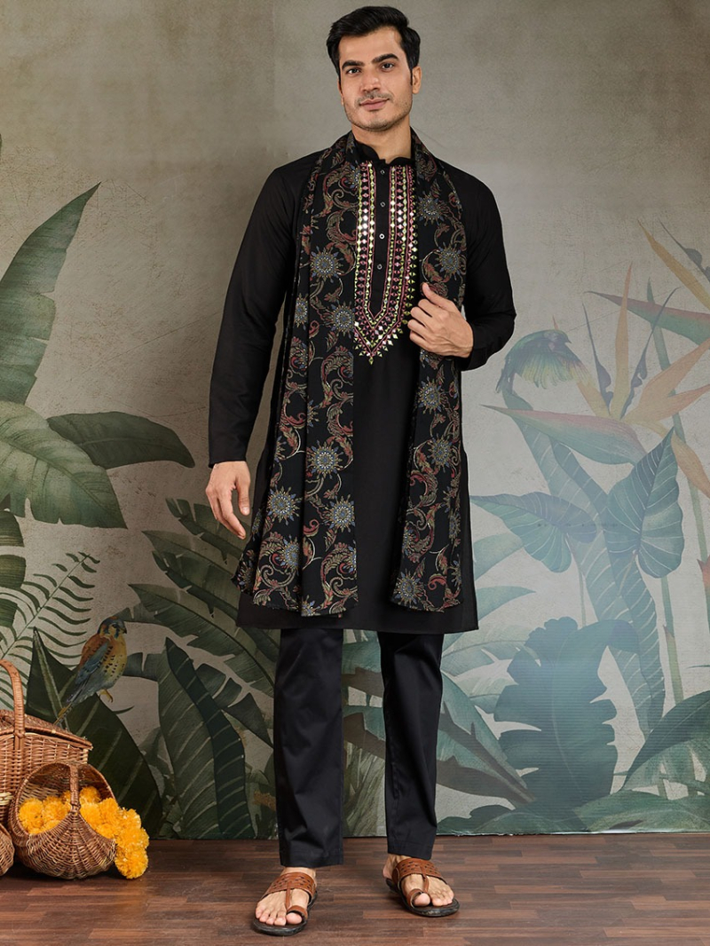 Traditional Ethnic  Black Viscose Rayon Kurta Pajama with Duppata Set