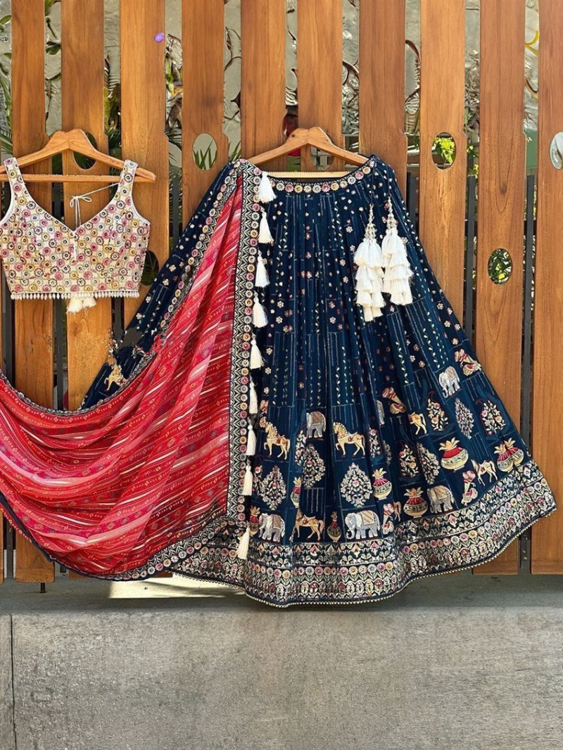 Designer Traditional Ethnic Festive Navy Blue Bangalore Silk Lehanga Suit