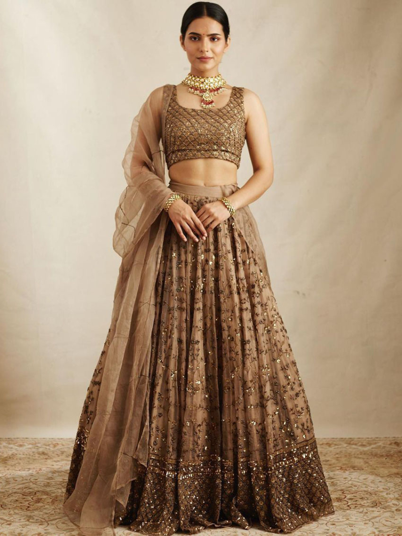 Traditional Elegant Ethnic Festive Brown Soft Net Lehanga Suit
