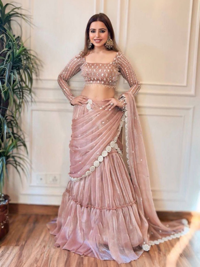 Authentic Elegant Festive Light Pink Twill Organza  Lehanga Saree