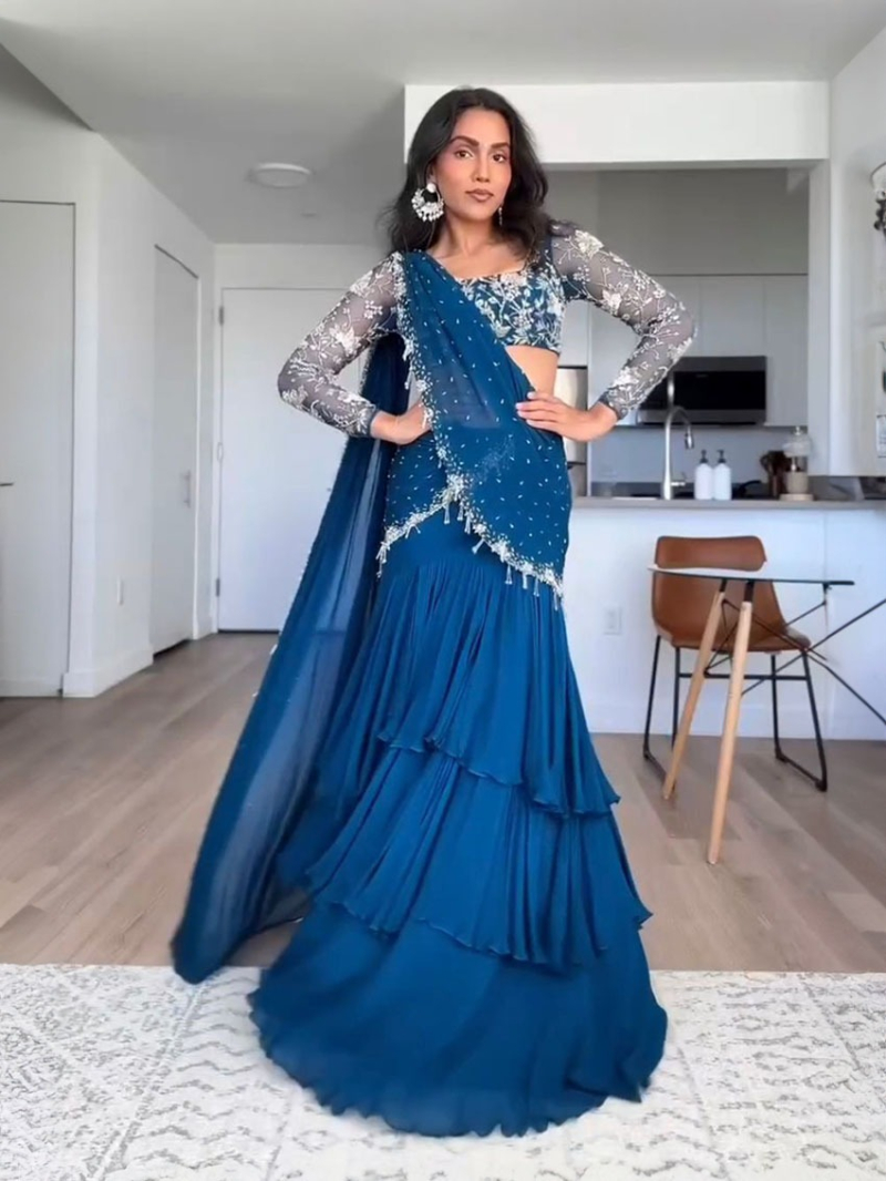 Designer Elegant Festive Ethnic Peacock Blue Georgette Lehanga Saree
