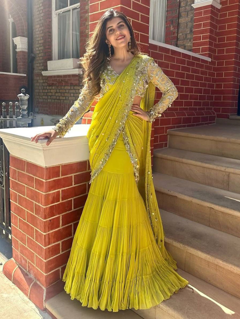 Traditional Designer Elegant Yellow Georgette Lehanga Saree