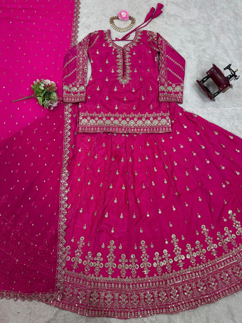 Traditional Ethnic Festive Elegant Rani Pink Shimmer Silk Lehanga Suit