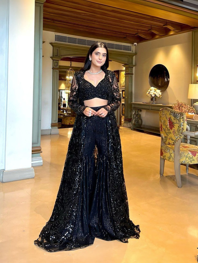Stylish Party Wear Black Butterfly Net  Choli Shrug with Plazo Indowestern Set