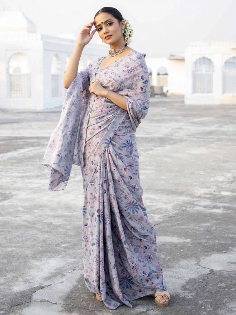 Elegant Ethenic Festive Premium Silver Satin Silk Saree