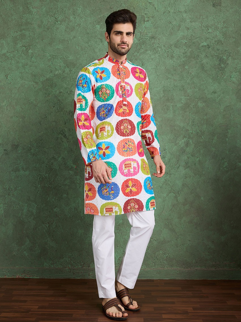 Designer Festive Ethnic Multicoloured Rayon Kurta Pajama Set