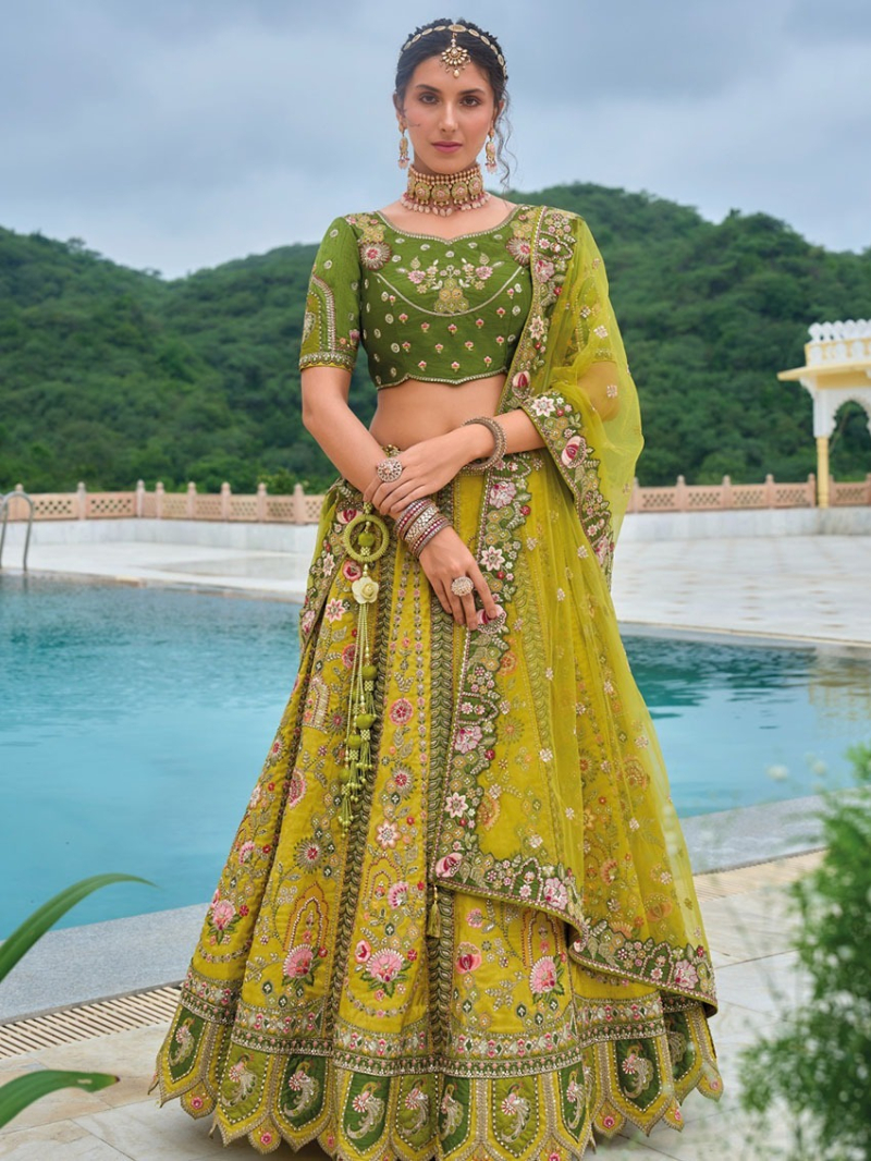 Traditional Ethnic Festive Mehndi Green Fancy Silk Lehanga 