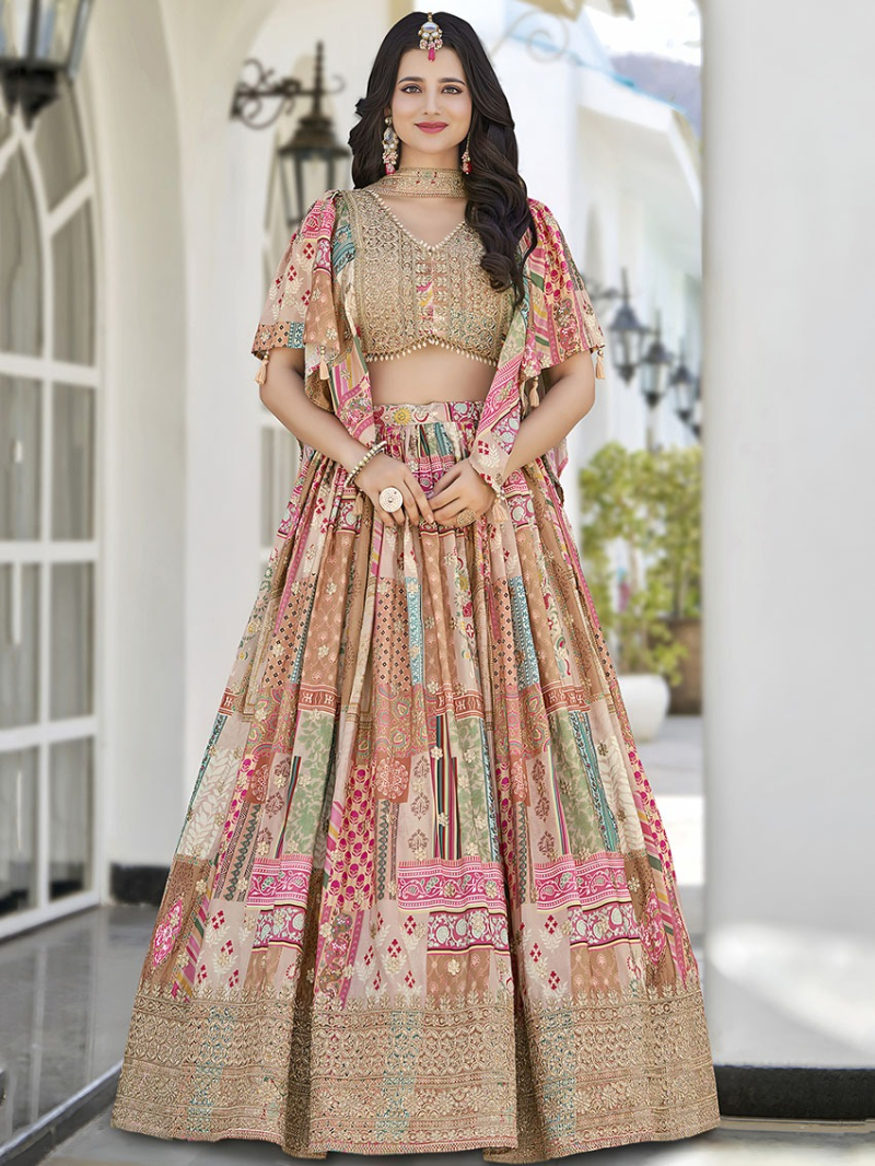 Designer Elegant Ethnic Chinnon Silk Lehnaga Suit