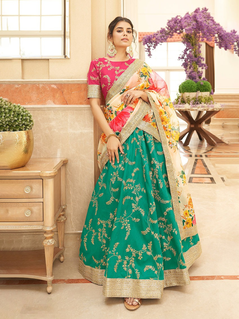 Authentic Ethnic Traditional Deep Emerald Green & Cream  Organza & Art Silk Lehanga Suit