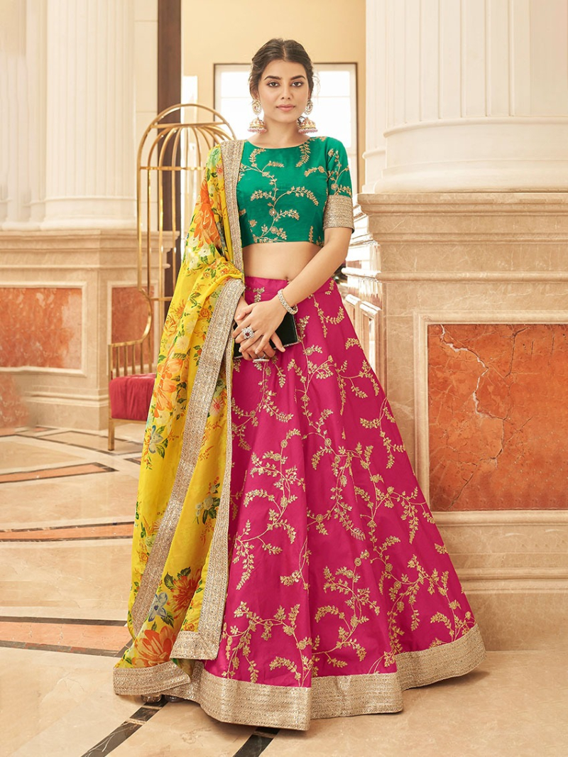 Elegant Authentic Traditional Ethnic Raspberry & Yellow Organza & Art Silk Lehanga Suit
