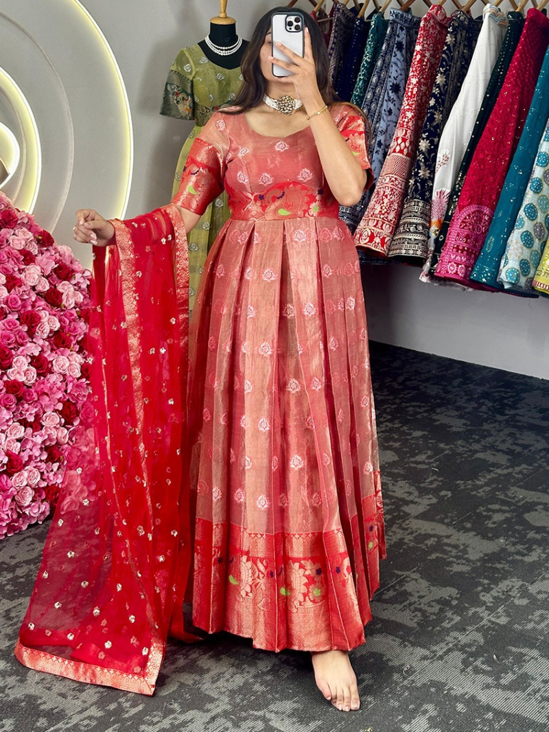 Traditional Ethnic Festive Red Pink Kota Silk Anarkali Suit