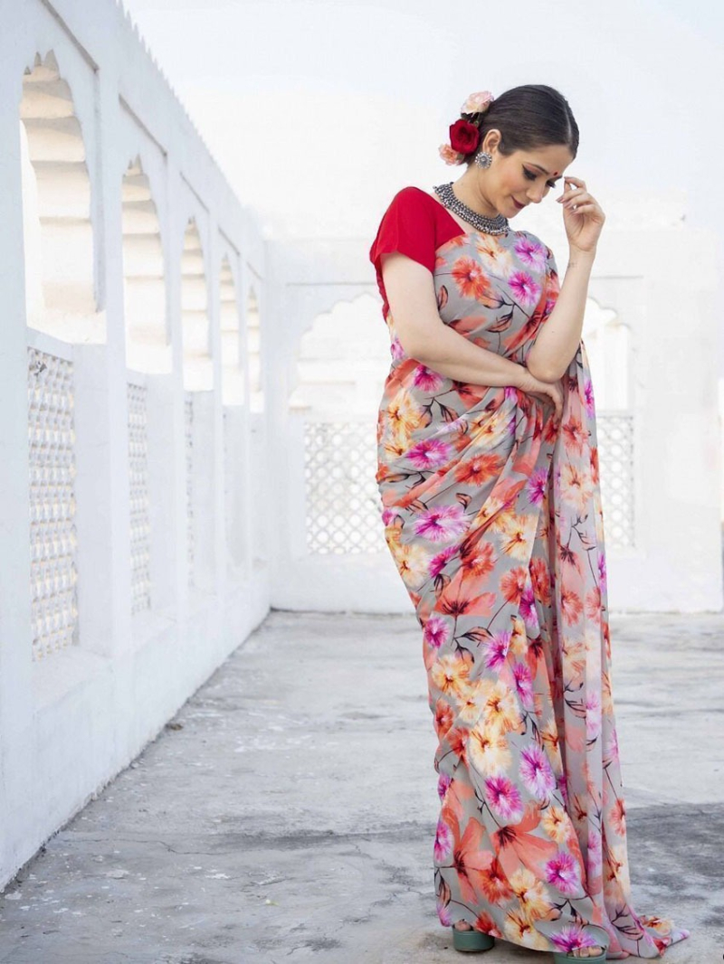 Elegant Ethenic Festive Grey Satin Silk Saree