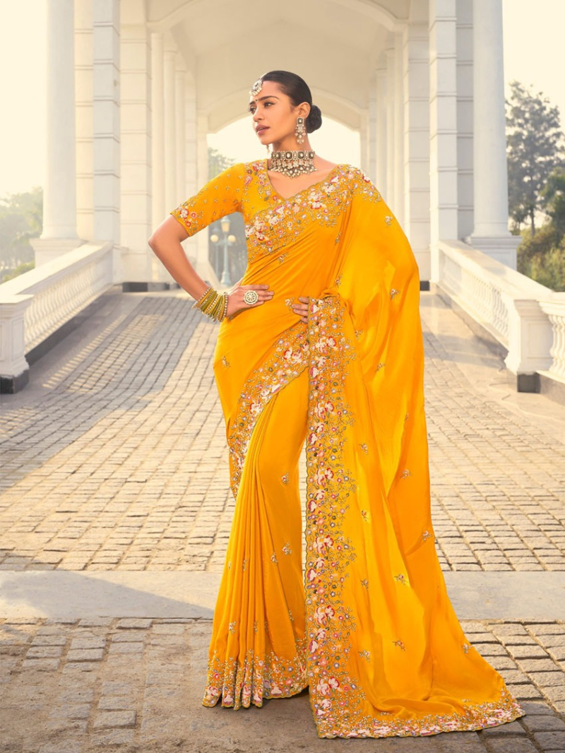 Elegant Athenic Festive Mustard Crepe Saree 