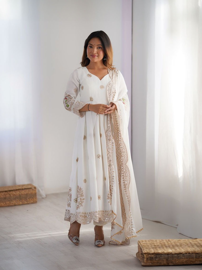 Designer Traditional Ethnic  White Chinnon Anarkali Suit