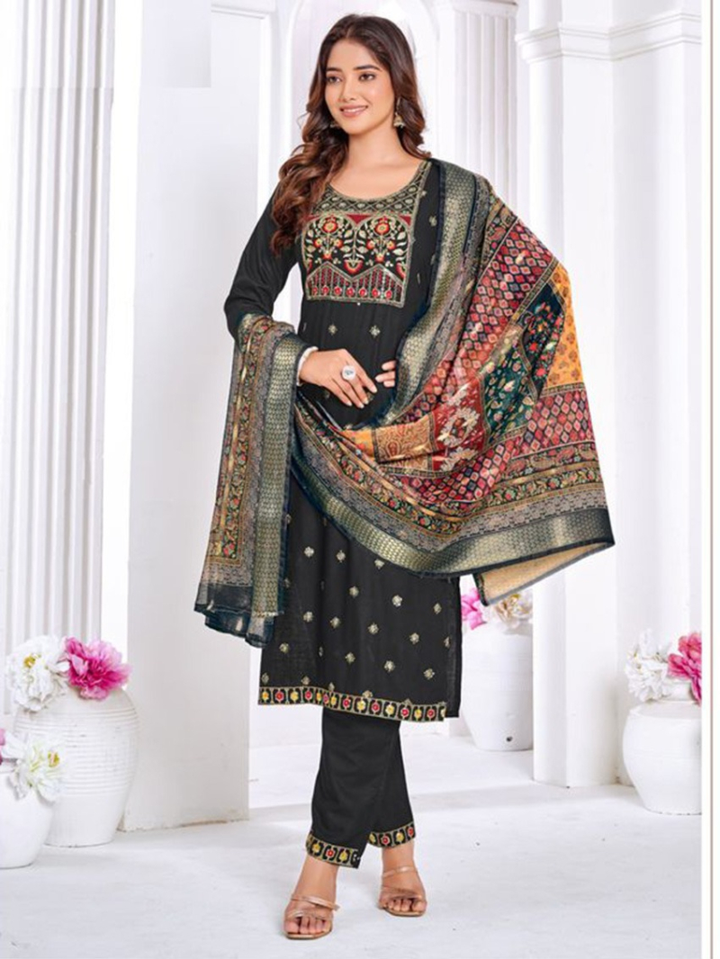 Elegant Traditional Embroidered Black Rayon Straight Suit 