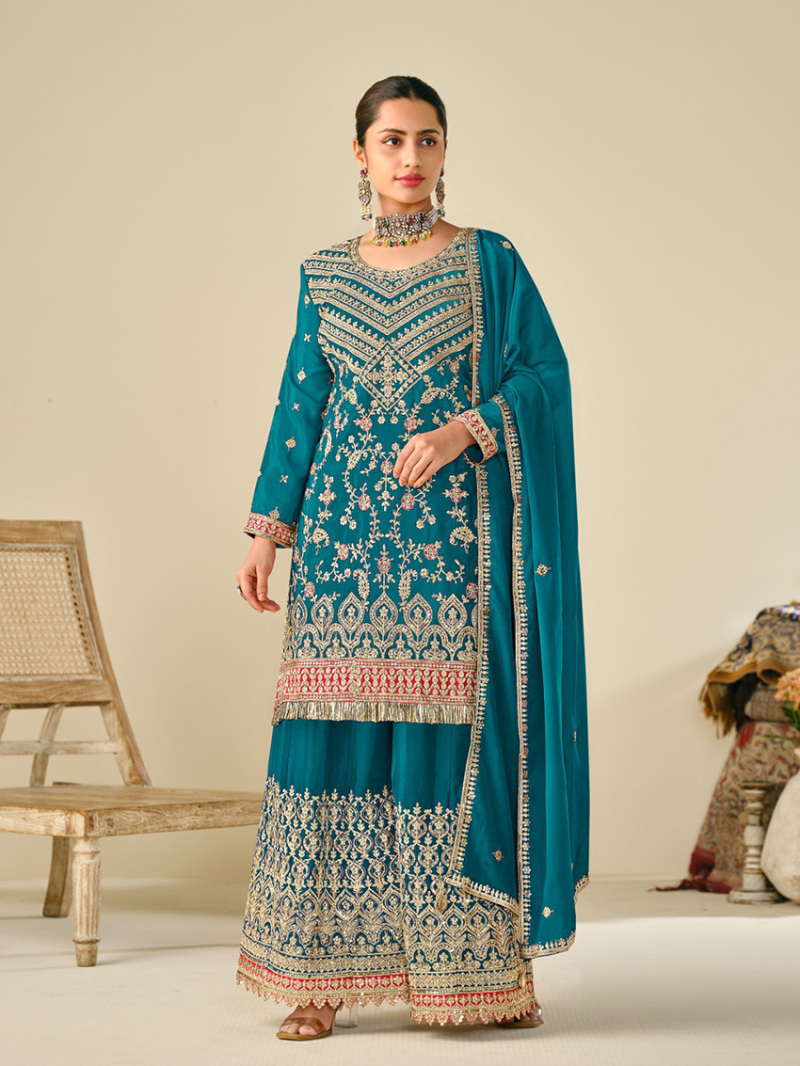 Authentic Ethnic Teal Blue Chinnon Silk Plazo Suit
