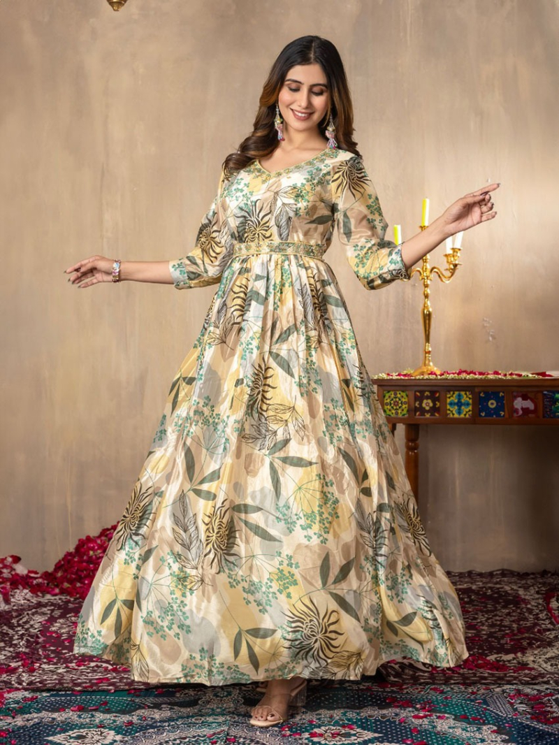 Elegant Traditional  Beige Chinnon Silk long Anarkali Style Suit