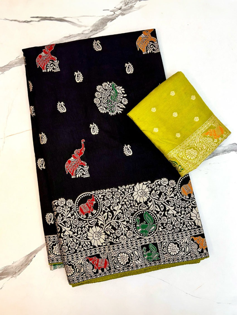 Ethnic Elegant Black Pure Dola Silk Saree