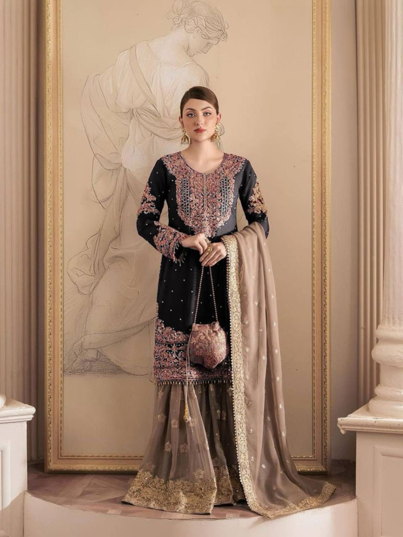 Classic Black and Gold Faux Georgette Embroidered Sharara Suit