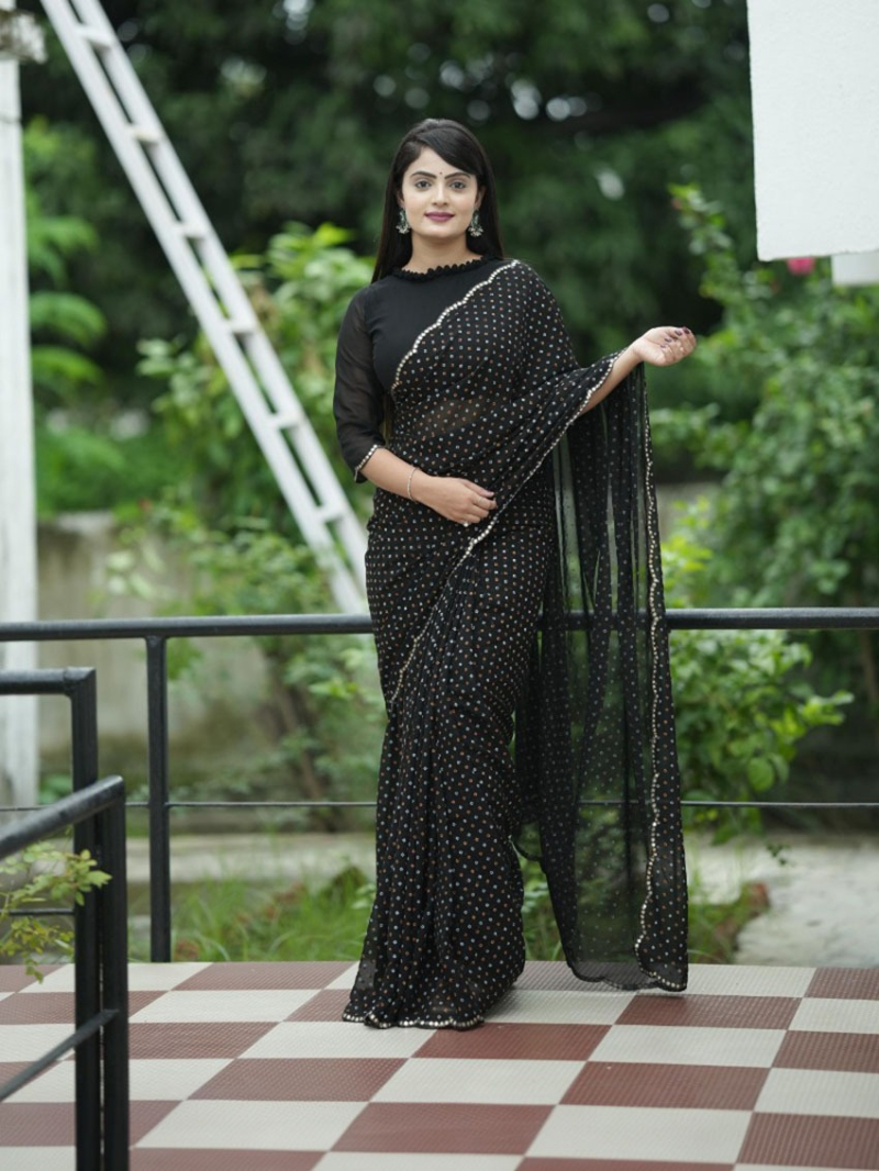 Traditional Casual Festive Black Viscose Georgette Saree