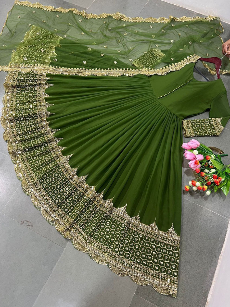 Elegant Festive  Green Embroidered Anarkali Gown Suit